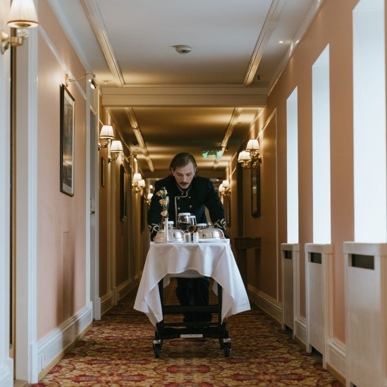 Room service tray in a cruise ship stateroom with ocean view