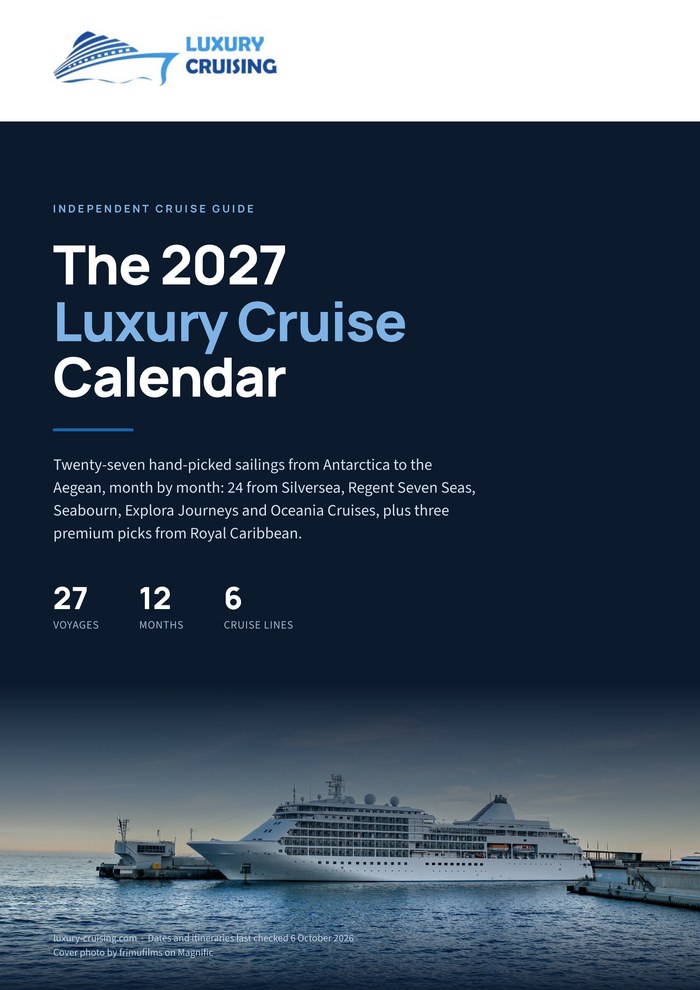 Cover of the 2027 Luxury Cruise Calendar PDF with a luxury cruise ship at dusk