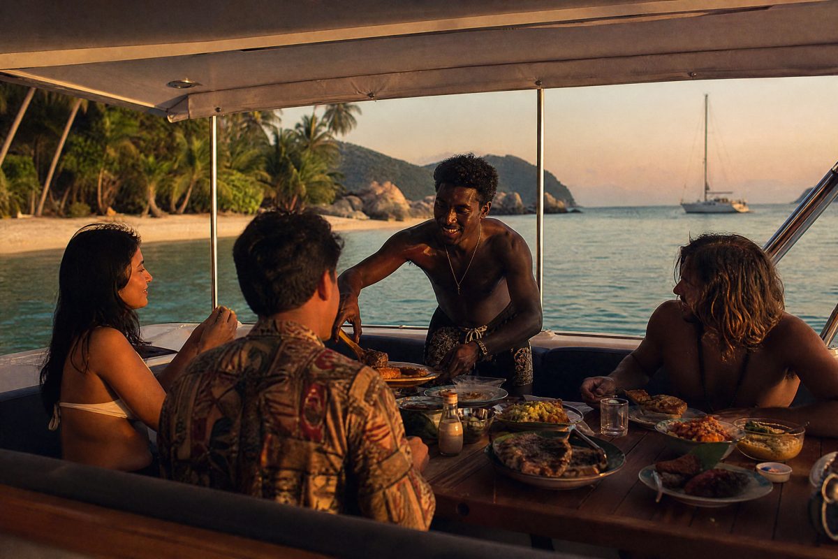 Barbecue dinner on the shaded deck of a small boat anchored near a tropical island