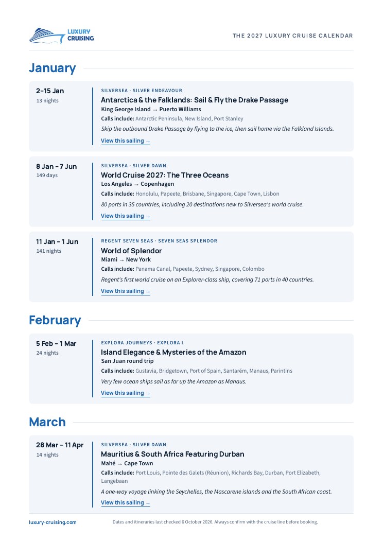 Preview page from the 2027 Luxury Cruise Calendar: January to March sailings