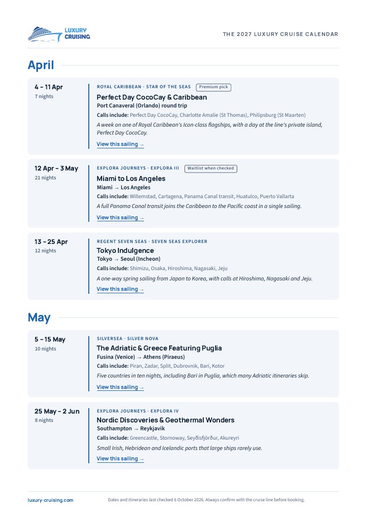 Preview page from the 2027 Luxury Cruise Calendar: April and May sailings