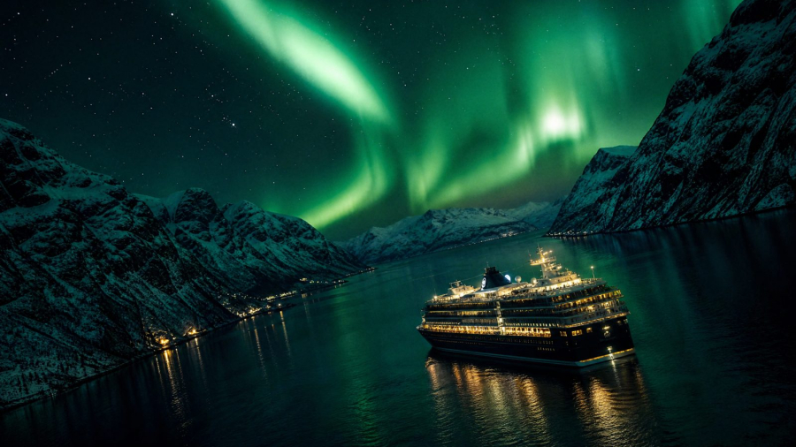 Cruise ship in a snowy Norwegian fjord at night under the Northern Lights