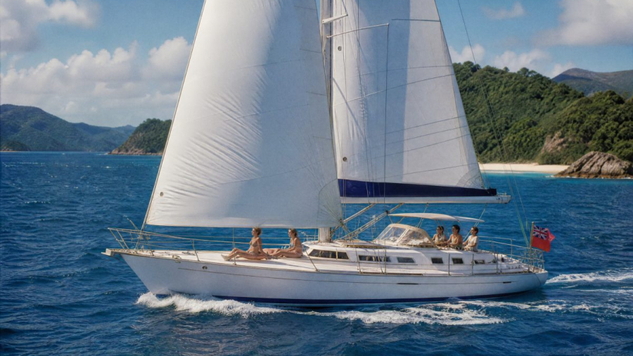 Sailing yacht under full sail in the Whitsunday Islands with guests on deck
