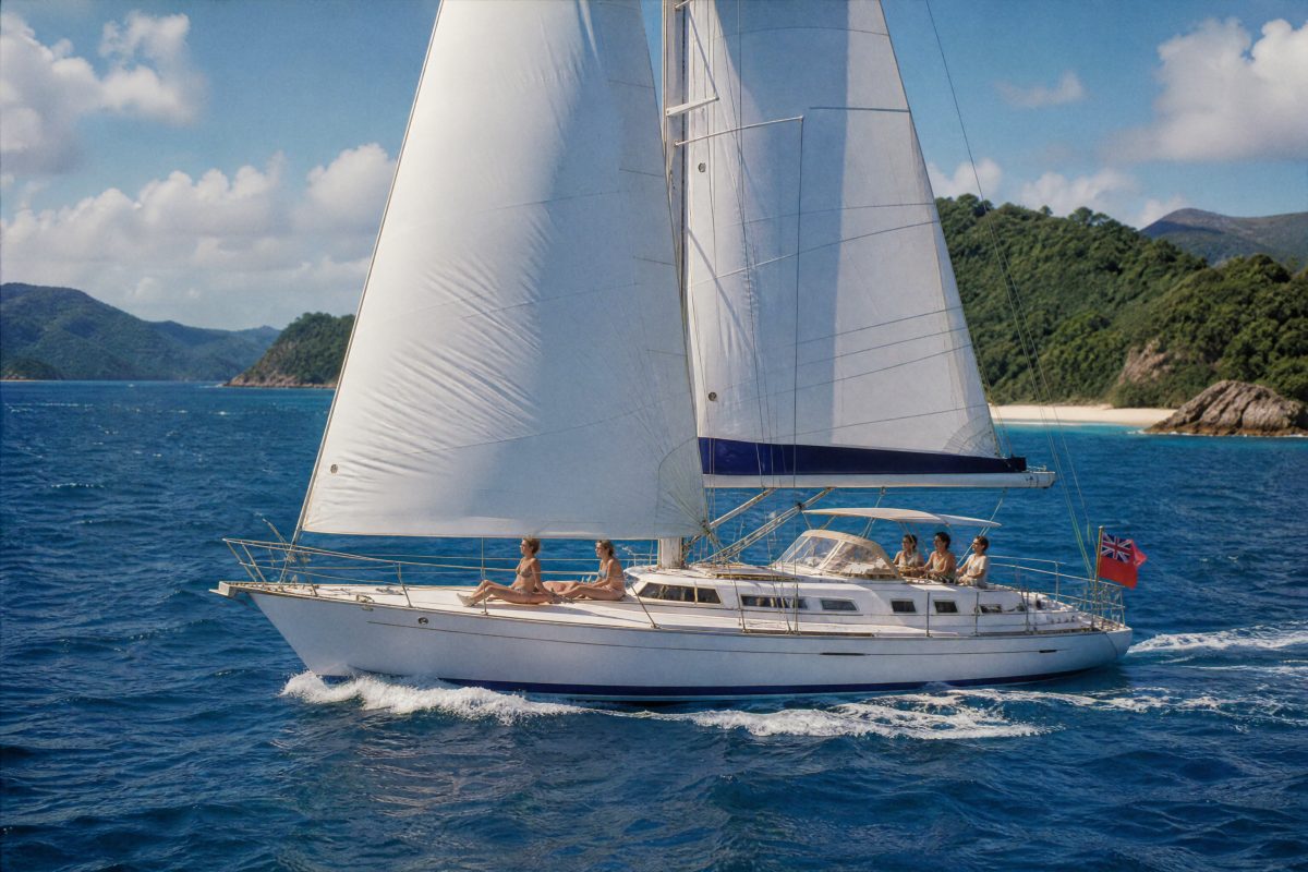Sailing yacht under full sail in the Whitsunday Islands with guests on deck