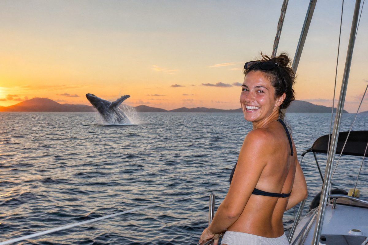 Humpback whale breaching at sunset seen from a sailing yacht in the Whitsundays